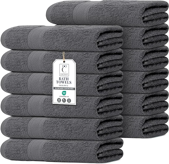 Fine Crafted Commercial Bulk Pack of 12 Large Bath Towels – Cotton Terry 24 x 50 – Fashionable