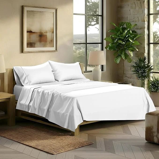 Contemporary TEXAS LINEN CO. Egyptian Cotton Sheets Queen Size – 2000 Series Luxury Queen Bed Sheet Set Silky Soft Cooling Sateen Weave 17 Extra Deep Pocket Hotel Collection Sheets 4 Pc White Selected