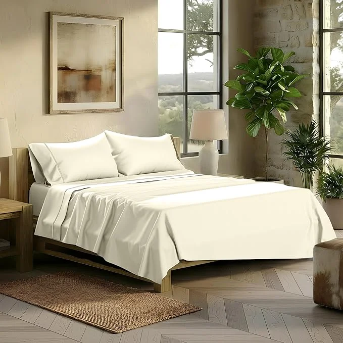 Premium TEXAS LINEN CO. Egyptian Cotton Sheets King Size – 2000 Series Luxury King Bed Sheet Set Silky Soft Cooling Sateen Weave 17 Extra Deep Pocket Hotel Collection Sheets 4 Pc Ivory Exclusive