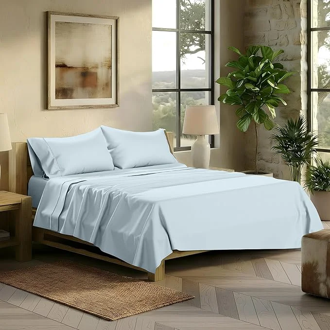 Efficient TEXAS LINEN CO. Egyptian Cotton Sheets Queen Size – 2000 Series Luxury Queen Bed Sheet Set Silky Soft Cooling Sateen Weave 17 Extra Deep Pocket Hotel Collection Sheets 4 Pc Light Blue Premium