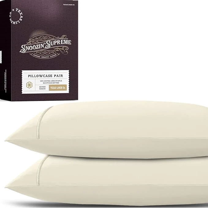 Fine Crafted TEXAS LINEN CO. Egyptian Cotton Pillowcases Queen Size Set of 2 – Luxury 2000 Series Standard Queen Pillow Cases Soft Cooling Envelope Closure Hotel Quality Pillowcase 21 x 32 Ivory Modern