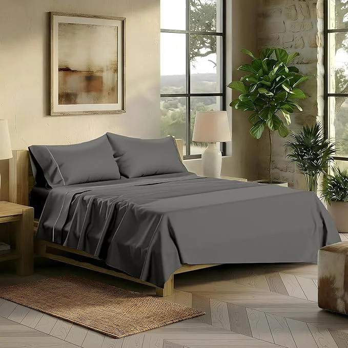 Reusable TEXAS LINEN CO. Egyptian Cotton Sheets King Size – 2000 Series Luxury King Bed Sheet Set Silky Soft Cooling Sateen Weave 17 Extra Deep Pocket Hotel Collection Sheets 4 Pc Dark Grey Exceptional