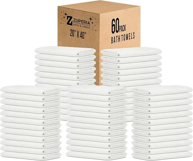 Healthy ZUPERIA White Bath Towels Bulk 60 Pack Prestigious