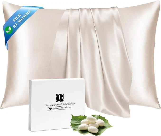 Long-Lasting Ravmix Silk Pillow Cases with Zipper 21 Momme Mulberry Silk Pillowcase for Hair Skin Health Soft Smooth Breathable Cool Pillow Cover for Beauty Sleep with Gift Box Standard 20 quot x26 quot Beige 1PC Original