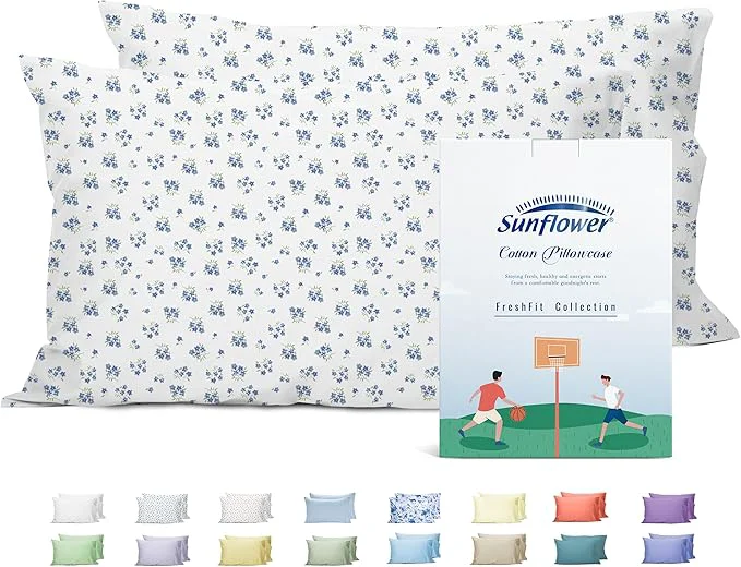 Functional Sunflower King Pillowcases Set of 2 Cotton King Size Pillow Cases 2 20×40 inches Blue Posy Soft and Breathable Original