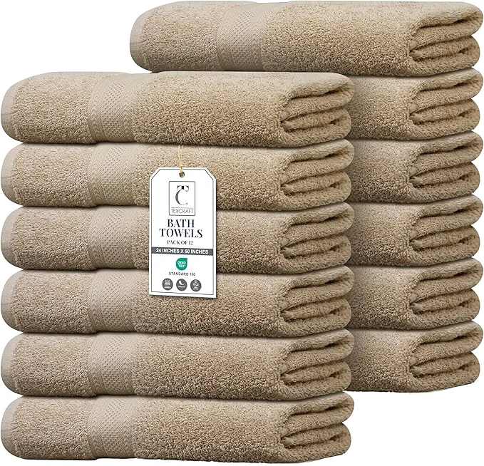 Classic Commercial Bulk Pack of 12 Large Bath Towels – Cotton Terry 24 x 50 – Durable