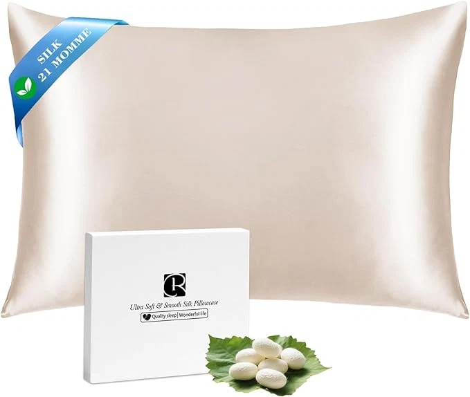 Secure Ravmix Silk Pillow Cases with Zipper 21momme Mulberry Silk Pillowcase for Hair Skin Health Soft Smooth Breathable Cool Pillow Cover for Beauty Sleep with Gift Box 1PC Queen 20 quot x30 quot Beige Eco-Friendly