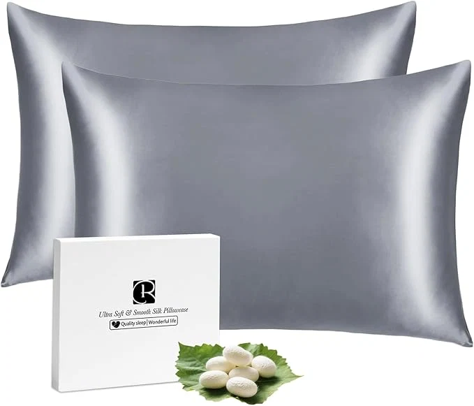 Sustainable Ravmix Silk Pillow Cases 2 Pack with Zipper 21momme Mulberry Silk Pillowcase for Hair Skin Soft Smooth Breathable Cool Pillow Cover for Beauty Sleep with Gift Box Standard 20 quot x26 quot Lilac Grey Enhanced