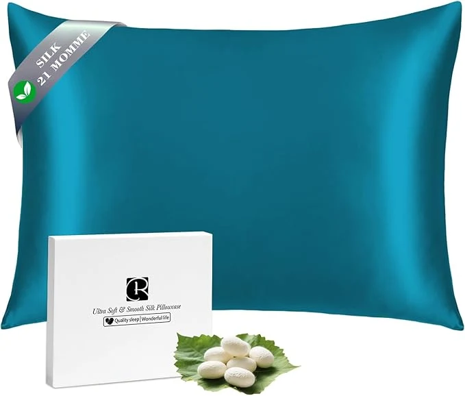 Long-Lasting Ravmix Silk Pillow Cases with Zipper 21momme Mulberry Silk Pillowcase for Hair Skin Health Soft Smooth Breathable Cool Pillow Cover for Beauty Sleep with Gift Box 1PC Queen 20 quot x30 quot Peacock Blue Smart