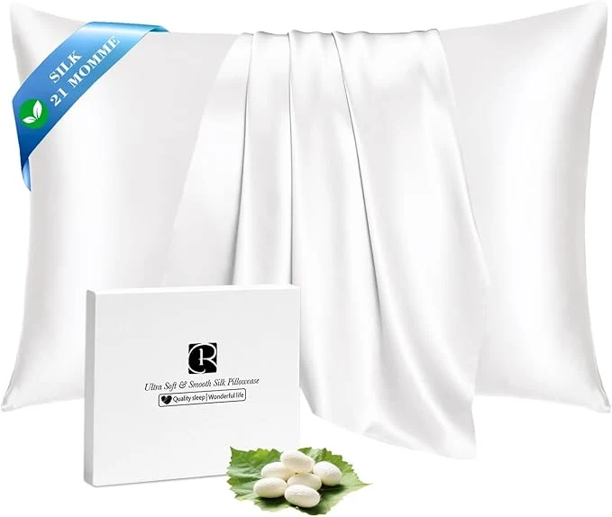 Efficient Ravmix Silk Pillow Cases with Zipper 21 Momme Mulberry Silk Pillowcase for Hair Skin Health Soft Smooth Breathable Cool Pillow Cover for Beauty Sleep with Gift Box Queen 20 quot x30 quot Ivory White 1PC Detailed