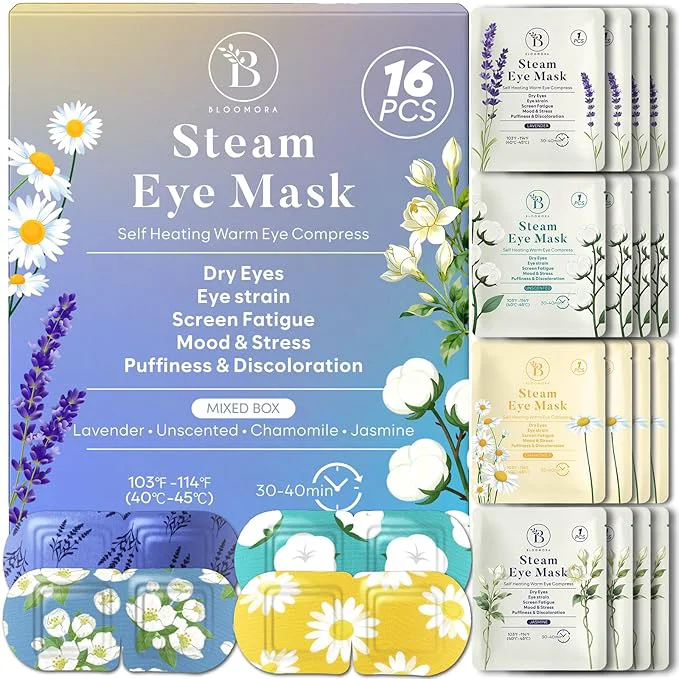 High-End BLOOMORA 16 Pack Steam Eye Mask Variety Set Lavender Chamomile Jasmine and Traditional