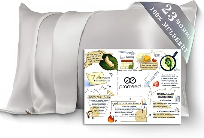 Safe PROMEED Mulberry Silk Pillowcase for Hair and Skin with Zipper 23 Momme Both Sides Pure Silk Pillow Case Grade 6A Silk Case Standard 20 quot x26 quot Light Grey Prestigious