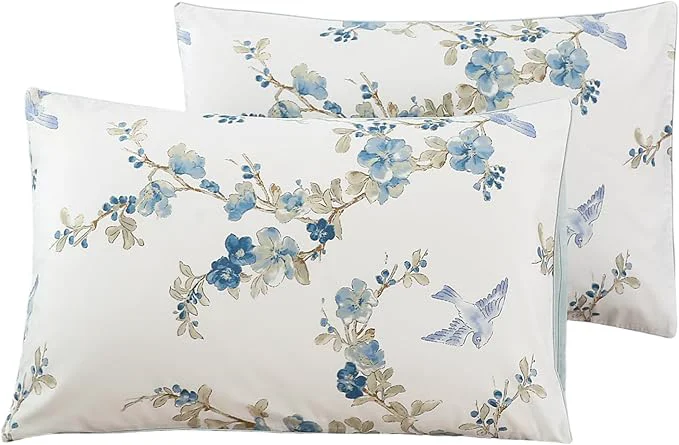 Trendy WINLIFE Cotton Pillowcases King Size Blue Floral amp Birds Printed Pillow Cover 2 Pack Super Soft Envelope Closure King Pillow Case Set King 20 quot x36 quot Prestigious
