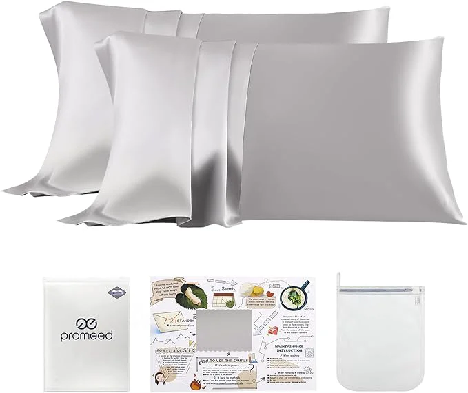 Elegant PROMEED Mulberry Silk Pillowcase 2 Pack Upgraded 3rd Generation Silk Pillow Case Set of 2 for Hair and Skin Anti Acne Anti Wrinkle Standard 20 quot x26 quot Light Grey Fast