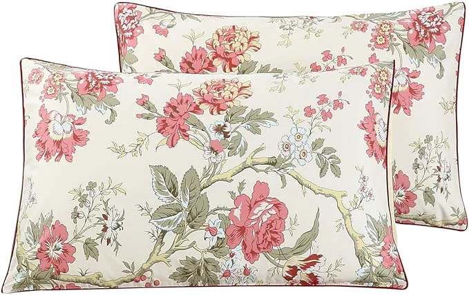 Detailed WINLIFE Cotton Pillowcases Floral Printed Pillow Cases Set of 2 Red Flowers and Green Branches Leaf Pattern Pillow Cover King 20×36 39 39 Trendy