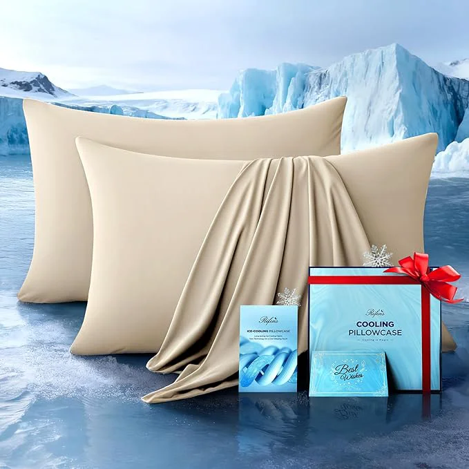 Solid Ultra-Chill Cooling Pillowcase Set of 2 for Hot Sleepers Softer Than Silk Pillow Cases for Protecting Hair amp Skin Breathable Bed Pillow Covers w Zipper Gifts for Women Men Beige Standard Verified