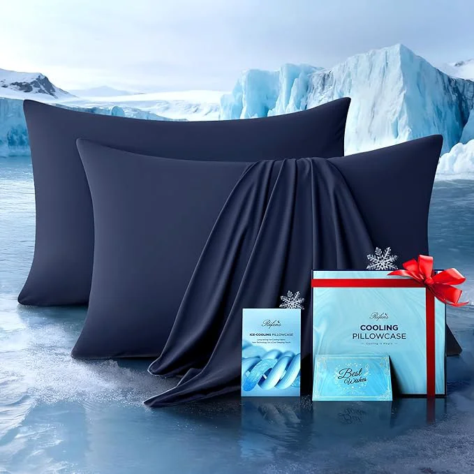 Natural Ultra-Chill Cooling Pillowcase Set of 2 for Hot Sleepers Softer Than Silk Pillow Cases for Protecting Hair amp Skin Breathable Bed Pillow Covers w Zipper Gifts for Women Men Navy Blue Standard Dependable