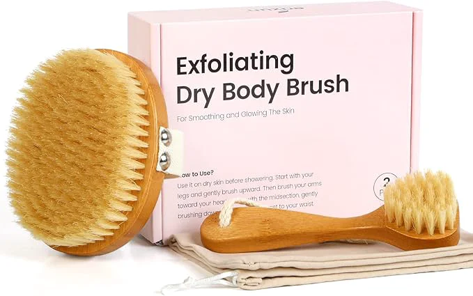 Fast eaxun Bamboo Dry Brushing Body Brush Set Natural Exfoliating Boar Bristle Face Crafted