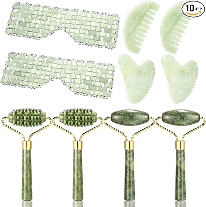 World-Class Sliner 10 Pcs Gua Sha Facial Tools Set Jade Eye Mask Scalp Hair Comb Spiked Natural