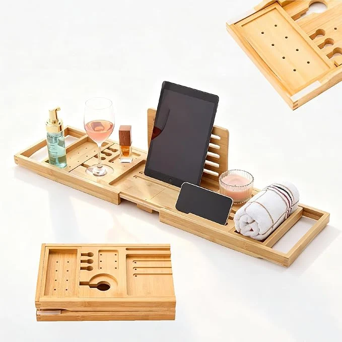 Fast Premium Foldable Bamboo Bathtub Tray Caddy Expandable Bath Caddy Tray Verified