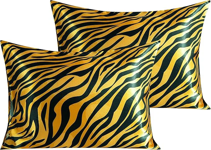 Exclusive NTBAY 2 Pack Satin Standard Pillowcases for Hair and Skin Luxurious and Silky Zebra Printed Pillow Cases with Envelope Closure 20×26 Inches Yellow and Black Pure