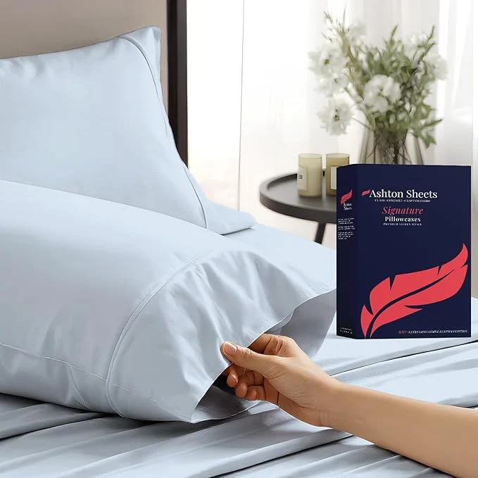Expertly Made Ashton Sheets Egyptian Cotton Pillow Cases King Size Set of 2 – Luxury 1200 Thread Count Sateen Light Blue Pillow Covers Soft amp Breathable Extra Long Staple Pillowcases Fits King Size Pillows Quality
