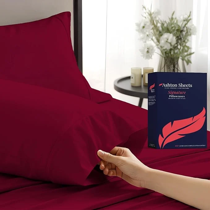 Certified Ashton Sheets Egyptian Cotton Pillow Cases King Size Set of 2 – Luxury 1200 Thread Count Sateen Weave Burgundy Pillow Covers Silky Soft Extra Long Staple Pillowcases Fits King Size Pillows Detailed