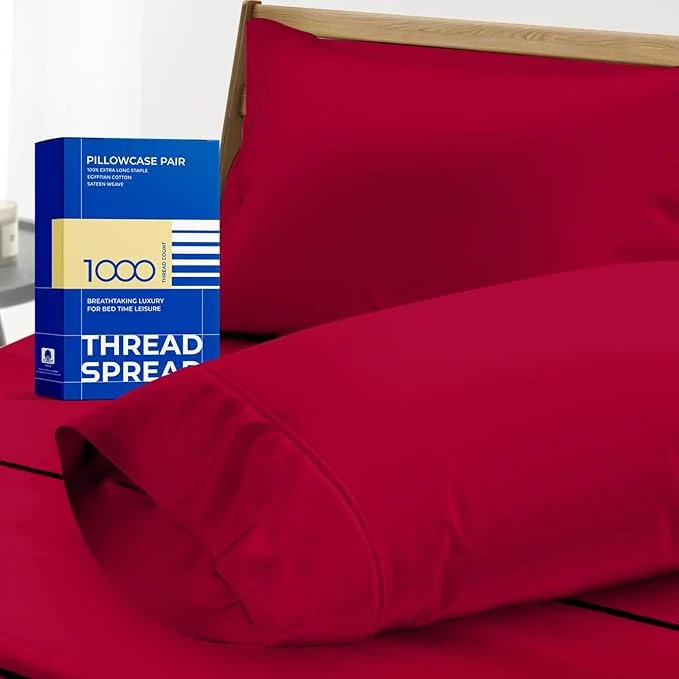 Elegant Thread Spread Egyptian Cotton Pillow Cases Queen Size Set of 2 – Luxury 1000 Series Paradise Collection Queen Pillow Cases Red Soft Cooling Sateen Hotel Egyptian Cotton Pillowcases Advanced