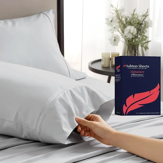 Professional Ashton Sheets Egyptian Cotton Queen Pillow Cases Set of 2 – Luxury 1200 Thread Count Pillow Cases Queen Size Light Grey Soft Cooling Hotel Collection Pillowcases Fits Queen Standard Pillow Reusable