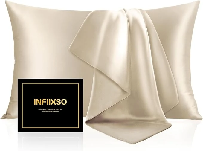 Fine Crafted INFIIXSO Mulberry Silk Pillowcase for Hair and Skin Silk Pillow Cases Queen Size Set of 2 with Hidden Zipper 20×30 Inches Ultra Smooth and Soft Cooling Pillow Cases for Hot Sleepers Beige 2 Pack Smart