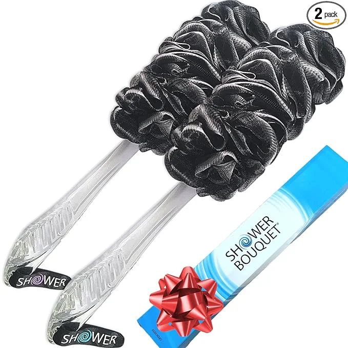 Reusable SHOWER BOUQUET Loofah-Charcoal Back-Scrubber 2-Pack Long-Handle Bath-Sponge Verified