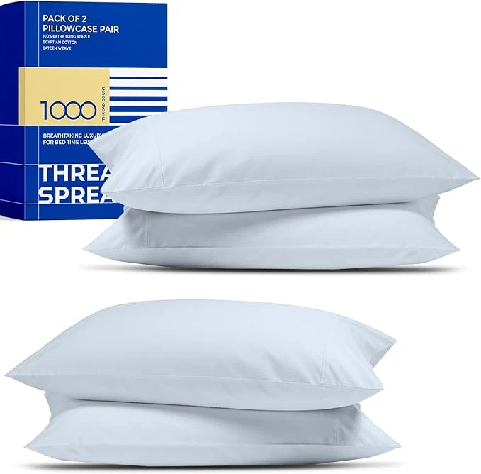 Next-Generation Thread Spread Egyptian Cotton Pillow Cases Queen Size Set of 4 – Luxury 1000 Series Paradise Collection Queen Pillow Cases Pack of 2 Light Blue Soft Cooling Hotel Egyptian Cotton Pillowcases Flexible