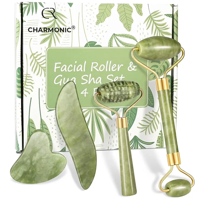 Crafted 4-pcs Jade Roller Gua Sha Set Facial Roller Massager Fine