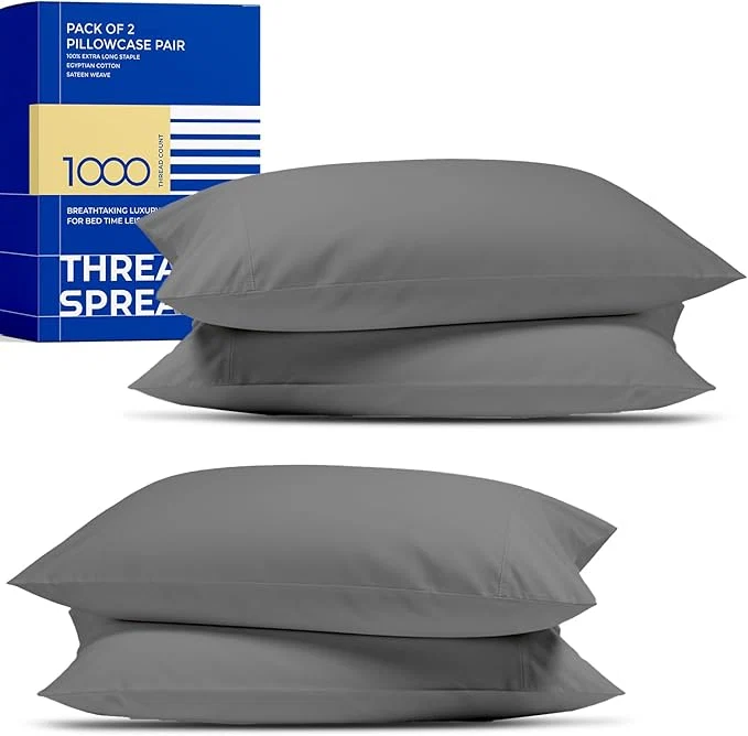 Quality Thread Spread Egyptian Cotton Pillow Cases Queen Size Set of 4 – Luxury 1000 Series Paradise Collection Queen Pillow Cases Pack of 2 Dark Grey Soft Cooling Hotel Egyptian Cotton Pillowcases Functional