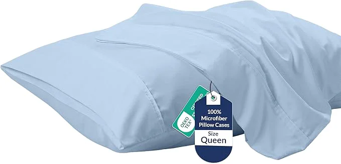 Expertly Made Royale Linens Pillowcase Set of 2 – Bed Pillow Cover – 20×30 – Lake Blue Pillowcases – 1800 Brushed Microfiber Wrinkle amp Fade Resistant – Soft amp Cozy- Queen Size Pillow Case Lake Blue Natural