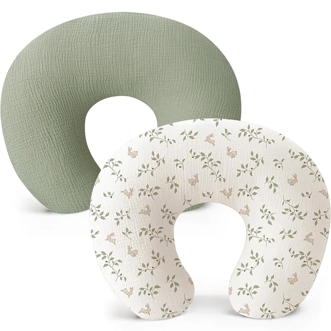 Konssy Muslin Nursing Pillow Covers Soft and Cute Nursing Covers for Breastfeeding Pillows I for Newborn Baby Boys and Girls Fog Green Sprout – 2 Pack High-Performance