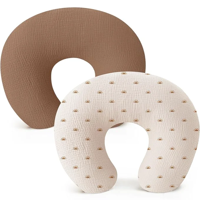 Excellent Konssy Muslin Nursing Pillow Covers Soft and Cute Nursing Covers for Breastfeeding Pillows I for Newborn Baby Boys and Girls Coffee Sun – 2 Pack User-Friendly