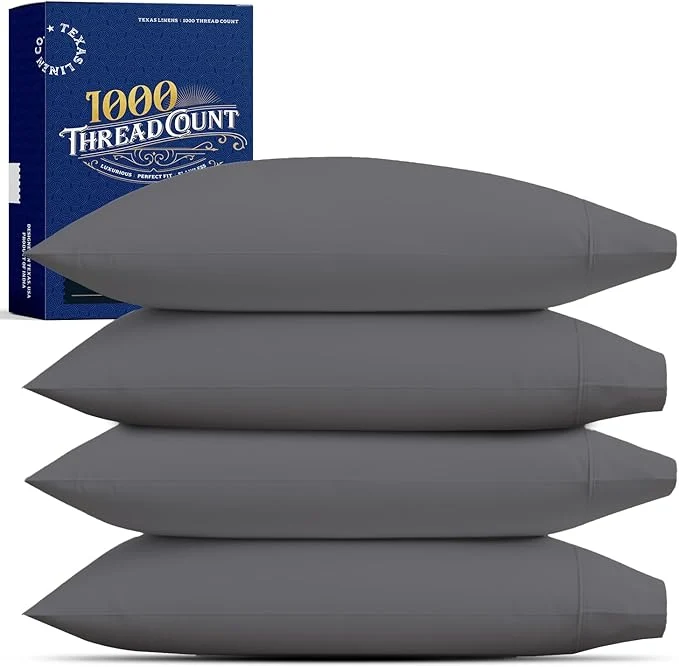 Minimalist TEXAS LINEN CO. Egyptian Cotton King Size Pillow Cases Set of 4 – Luxury High Thread Count Cotton Pillowcases 2 Pair Dark Grey Silky Soft Cooling Extra Long Staple Hotel Quality Pillow Case Carefully Designed