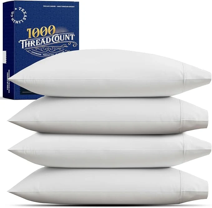 Classic TEXAS LINEN CO. Egyptian Cotton King Size Pillow Cases Set of 4 – Luxury High Thread Count Cotton Pillowcases 2 Pair Silver Silky Soft Cooling Extra Long Staple Hotel Quality Pillow Cases Unique