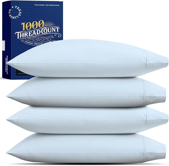 Breathable TEXAS LINEN CO. Premium Egyptian Cotton Pillow Cases Standard Queen Size Set of 4 – Luxury High Thread Count Cotton Pillow Cases 2 Pair Light Blue Soft Cooling Extra Long Staple Pillowcases Sophisticated