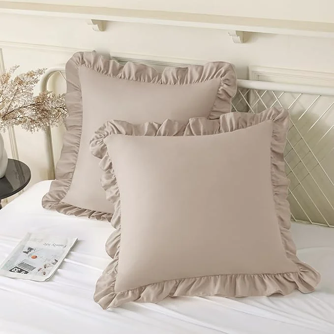 Smart KKJIAF Ruffle Pillow Cases 26×26 Inches Khaki Square Ruffled Pillow Covers Set of 2 Microfiber Wrinkle Resistant Pillow Shams with Envelope Closure for Sofa Bed Living Room Artisan