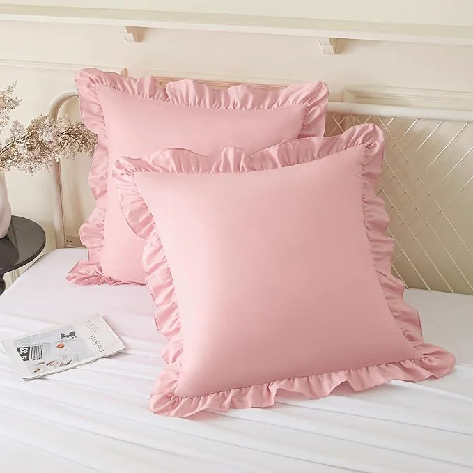 Premium Material KKJIAF Ruffle Pillow Cases 24×24 Inches Light Pink Square Ruffled Pillow Covers Set of 2 Microfiber Wrinkle Resistant Pillow Shams with Envelope Closure for Sofa Bed Living Room Professional