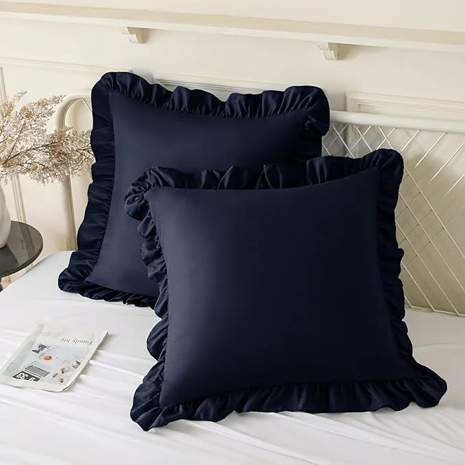 Classic KKJIAF Ruffle Pillow Cases 24×24 Inches Navy Blue Square Ruffled Pillow Covers Set of 2 Microfiber Wrinkle Resistant Pillow Shams with Envelope Closure for Sofa Bed Living Room Authentic