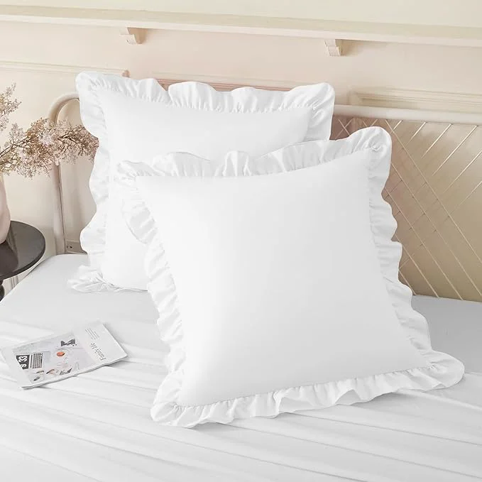 Advanced KKJIAF Ruffle Pillow Cases 18×18 Inches White Square Ruffled Pillow Covers Set of 2 Microfiber Wrinkle Resistant Pillow Shams with Envelope Closure for Sofa Bed Living Room Safe