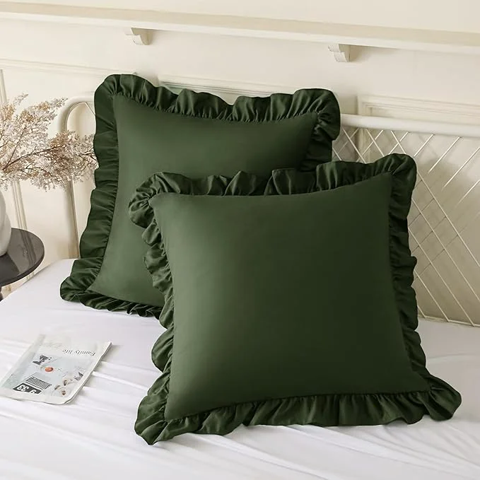 Modern KKJIAF Ruffle Pillow Cases 26×26 Inches Olive Green Square Ruffled Pillow Covers Set of 2 Microfiber Wrinkle Resistant Pillow Shams with Envelope Closure for Sofa Bed Living Room World-Class