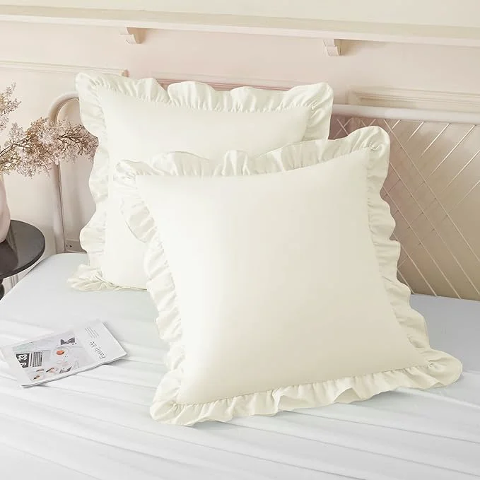 Detailed KKJIAF Ruffle Pillow Cases 24×24 Inches Beige Square Ruffled Pillow Covers Set of 2 Microfiber Wrinkle Resistant Pillow Shams with Envelope Closure for Sofa Bed Living Room Original Design
