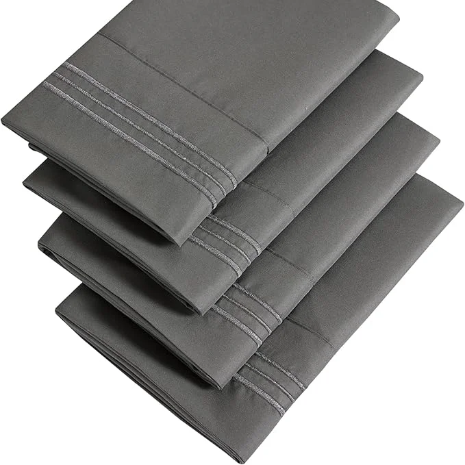 Comfortable YIYEA Pillow Cases Standard Size Set of 4 Ultra Soft 1800TC Hotel Quality Double Brushed Microfiber Embroidered Pillowcases Envelope Closure Fade Resistant 20 quot x26 quot Dark Grey Premium Material