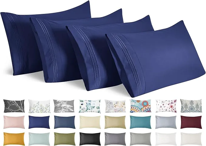 High-End YIYEA California King Pillow Cases Set of 4 Ultra Soft 1800TC Hotel Quality Double Brushed Microfiber Embroidered Pillowcases Envelope Closure Fade Resistant 20 quot x40 quot Navy Excellent