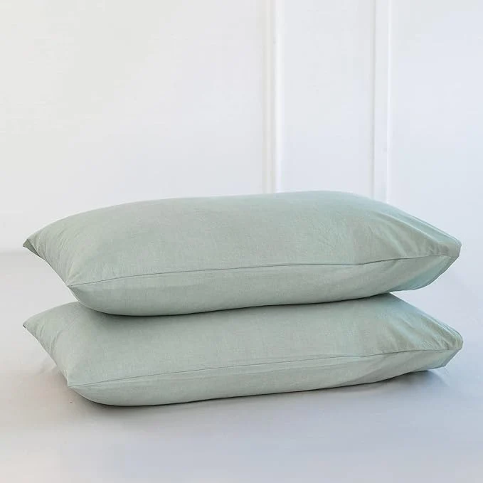 High-Quality MooMee Bedding Pillowcases Pack of 2 Washed Cotton Linen Like Textured Breathable Durable Soft Comfy Heathered Sage Green Queen Modern