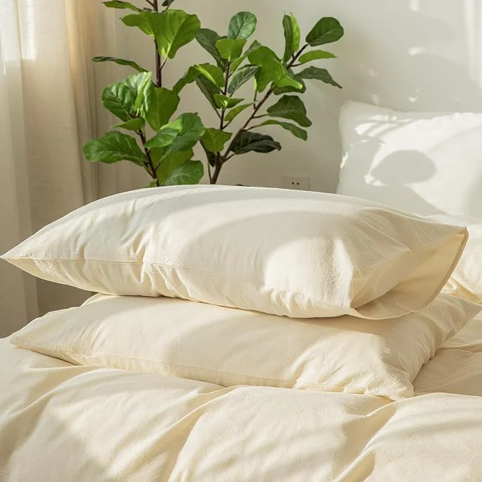Smart MooMee Bedding Pillowcases Pack of 2 Washed Cotton Linen Like Textured Breathable Durable Soft Comfy Solid Cream White Queen Selected